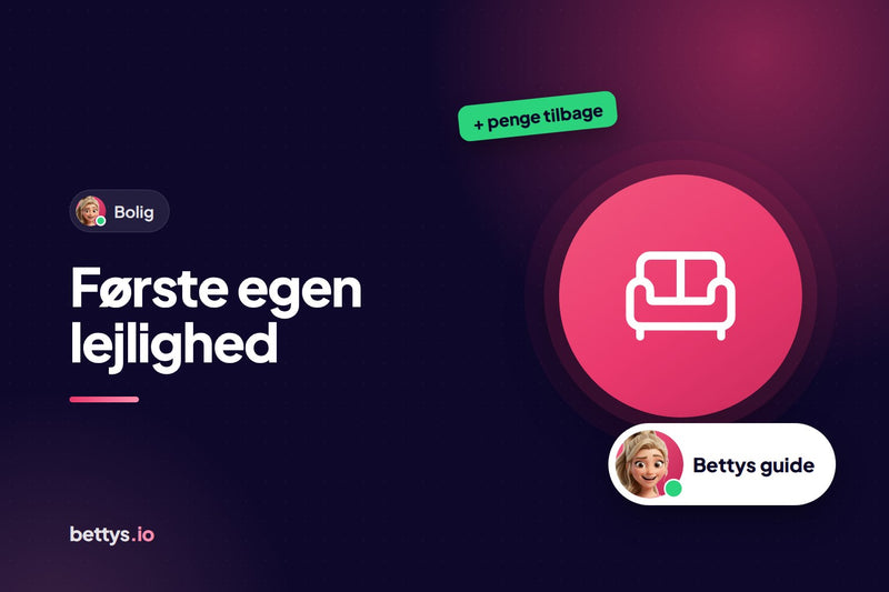 Betty fra Bettys med en sofa og overskriften "Første egen lejlighed"